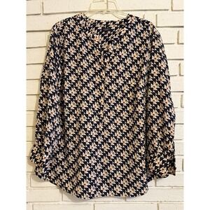 Talbots Top V-Neck Popover Long Sleeve Black, Pink, Tan Geometric Print Sz 2Xp